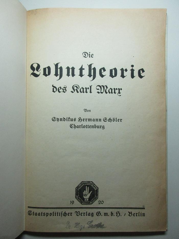 14 D 449 : Die Lohntheorie des Karl Marx (1920)