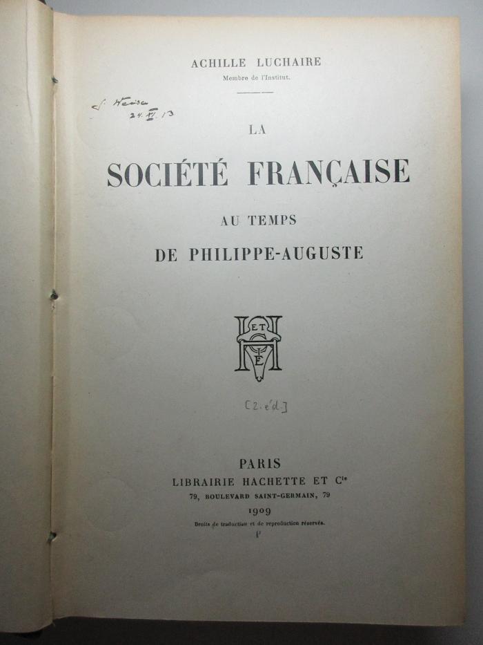 14 D 194&lt;2&gt; : La société française au temps de Philippe-Auguste (1909)