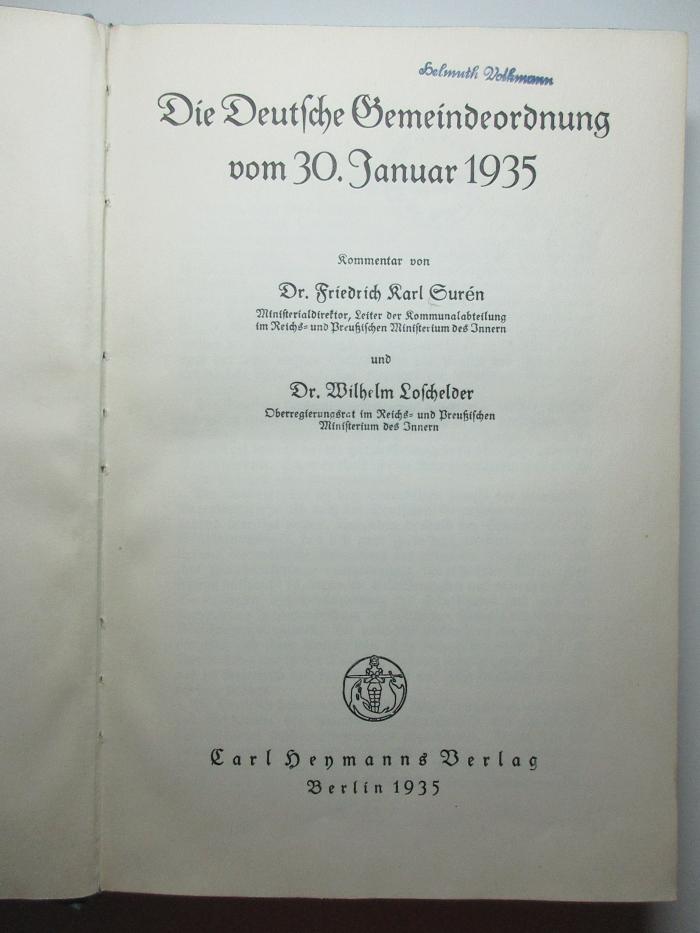 14 C 67-Hauptw. : Die deutsche Gemeindeordnung vom 30. Januar 1935 : Kommentar (1935)