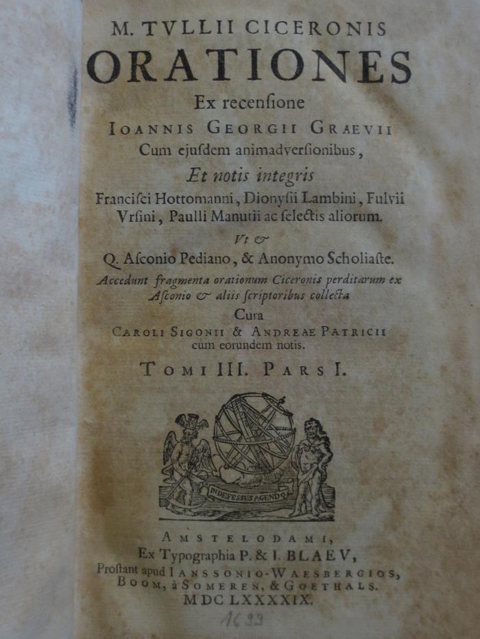 Cn 1097 III, 1: M. Tullii Ciceronis Orationes : Tomi III. Pars I. (1699)