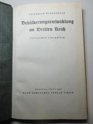 14 D 93 : Bevölkerungsentwicklung im Dritten Reich : Tatsachen und Kritik (1935)