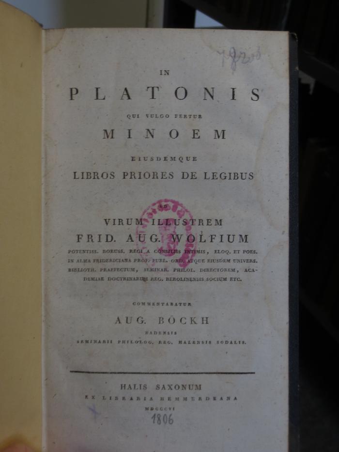 Cn 696: In Platonis qui vulgo fertur minoem eiusdemque libros priores de legibus (1806)