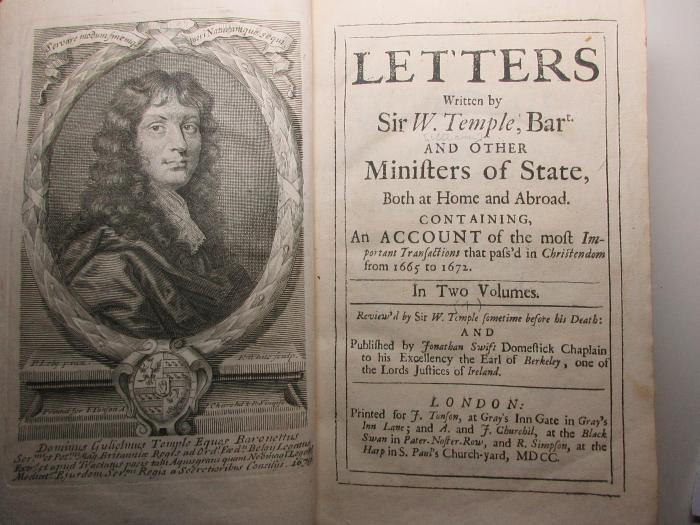 14 F 161-1 : Letters written by Sir W. Temple, Bart. and other ministers of state : both at home and abroad : containing, an account of the most important transactions that pass'd in Christendom from 1665 to 1672 (1700)