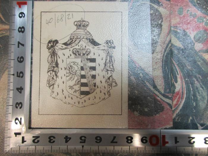 - (Schlossbibliothek Dessau;Herzogtum Anhalt), Etikett: Wappen; 'Herzogtum Anhalt'. ;14 F 931-1 : Histoire de mon temps (1788)