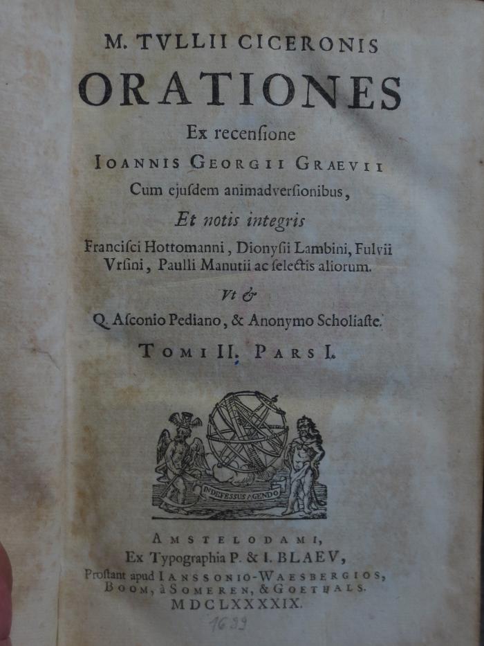 Cn 1097 II, 1: M. Tullii Ciceronis Orationes : Tomi II. Pars I. (1699)