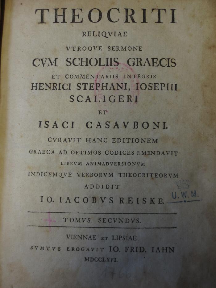 Cn 1136 2: Theocriti reliquiae utroque sermone cum scholiis graecis (1766)