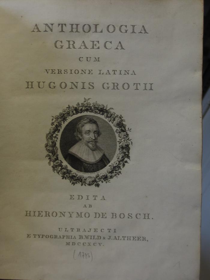 Cn 1283 1: Anthologica graeca cum versione latina Hugonis Groth (1795)