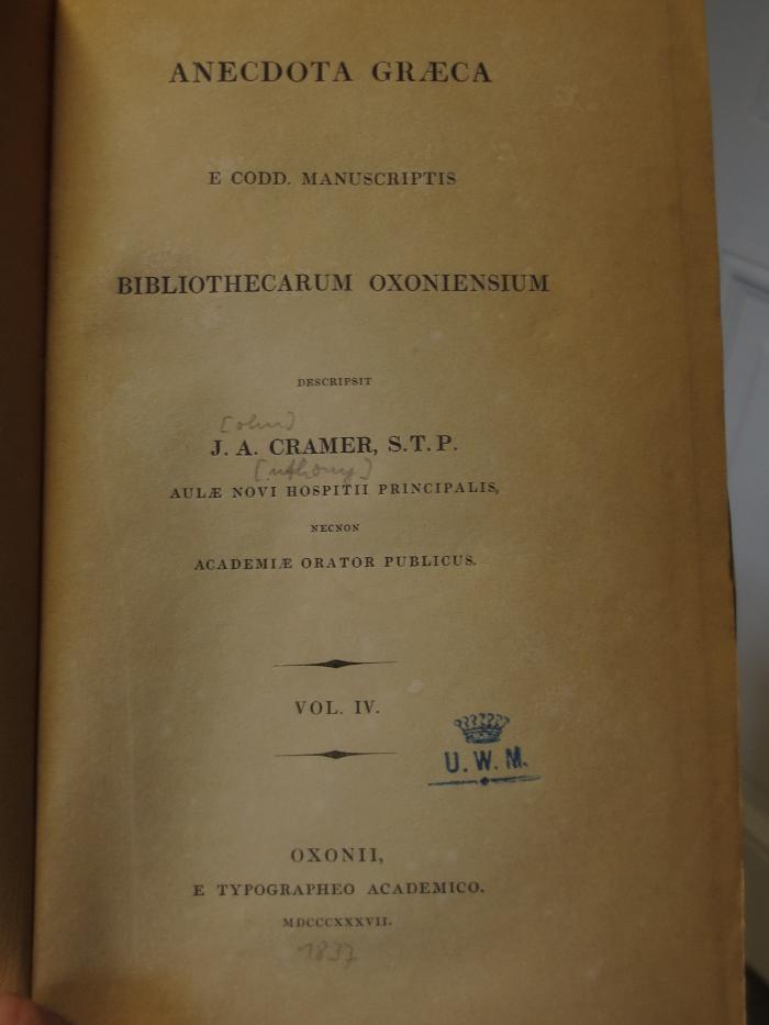 Cn 1222 4: Anecdota graeca E Codd. Manuscriptis Bibliothecarum Oxoniensium (1837)