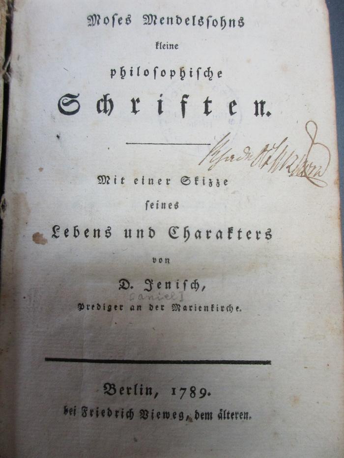 14 G 375 : Moses Mendelssohns kleine philosophische Schriften : mit einer Skizze seines Lebens und Charakters (1789)