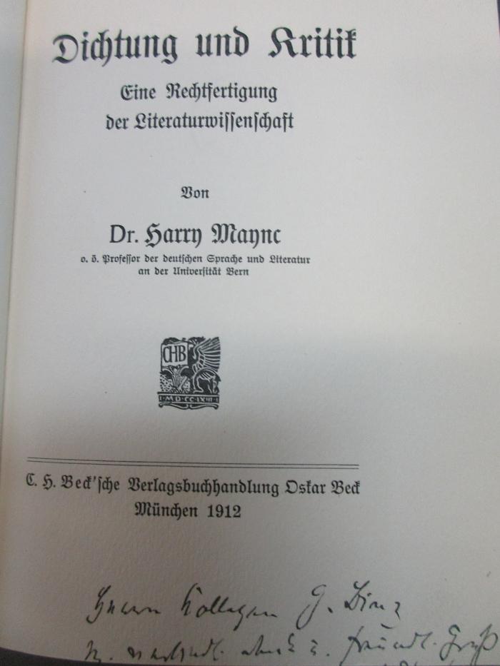 14 I 65 : Dichtung und Kritik : eine Rechtfertigung der Literaturwissenschaft (1912)
