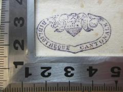 - (Bibliothéque Cantonale et Universitaire), Stempel: Name, Motto; 'Liberte
et
patrie
Bibliothéque Cantonale'. 
