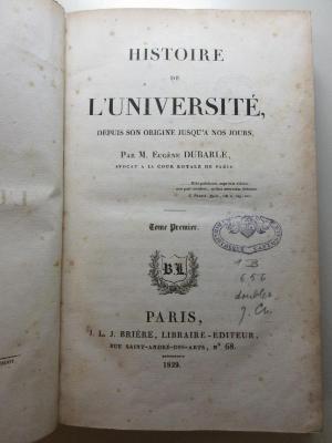 14 G 827-1 : Histoire de l'université : depuis son origine jusqu'à nos jours (1829)