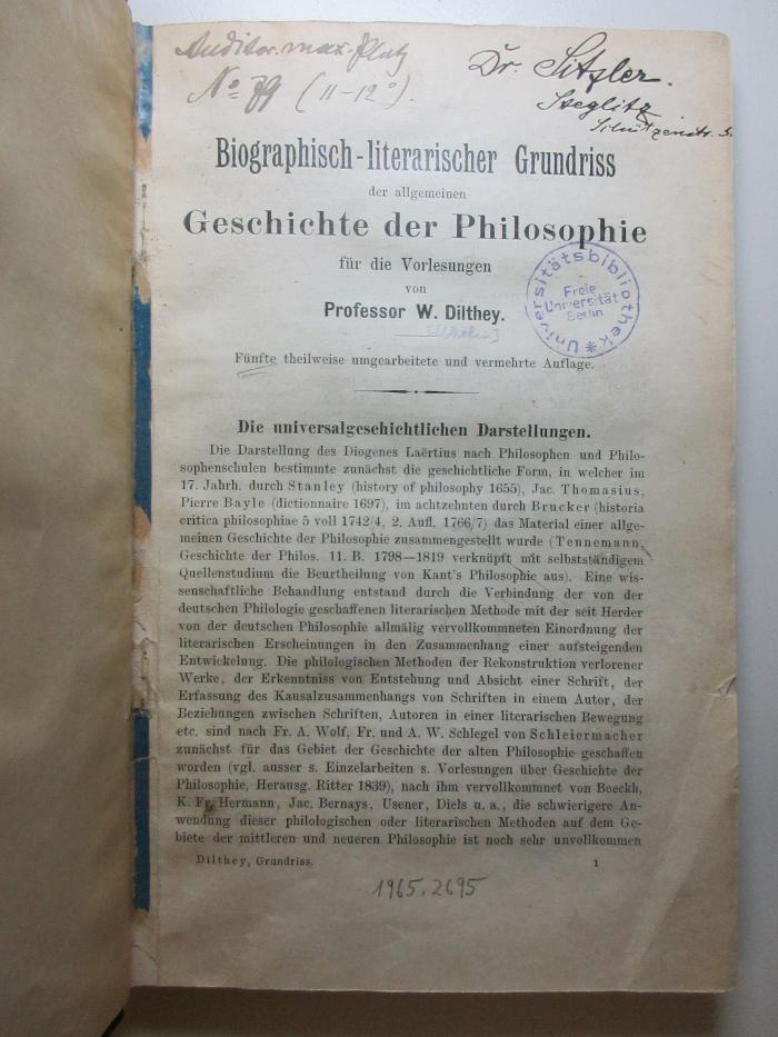 14 G 289&lt;5&gt; : Biographisch-literarischer Grundriss der allgemeinen Geschichte der Philosophie für die Vorlesungen (1920)
