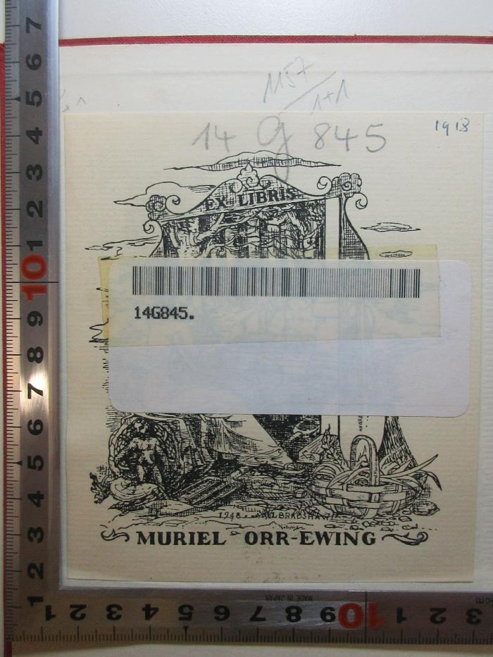 14 G 845 : Mein Dank an Freud : offener Brief an Professor Sigmund Freud zu seinem 75. Geburtstag (1931);- (Orr-Ewing, Muriel), Etikett: Exlibris, Name, Datum, Abbildung; 'Ex libris
1948. L Bradshaw[?]
Muriel Orr-Ewing'. 