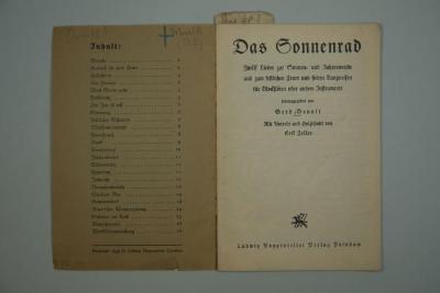  Das Sonnenrad. Zwölf Lieder zur Sonnen- und Jahreswende und zum festlichen Feuer und sieben Tanzweisen für Blockflöten und andere Instrumente. (1934)