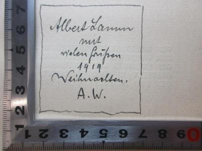 14 G 378 : Der Ursprung der Naturphilosophie aus dem Geiste der Mystik : mit Anhang Archaische Romantik (1906);- (Lamm, Albert), Von Hand: Name, Initiale, Datum, Widmung; 'Albert Lamm
mit
vielen Grüßen
1919
Weihnachten.
A.W.'. 