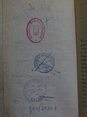 - (Universitäts- und Landesbibliothek Sachsen-Anhalt), Stempel: Name, Ortsangabe; 'Studenten-Bibliothek zu Halle A/S.
ausgeschieden ULB Halle'. 