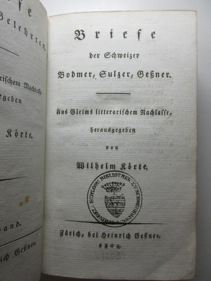 14 L 681-1 : Briefe der Schweizer Bodmer, Sulzer, Geßner (1804, erschienen 1805)