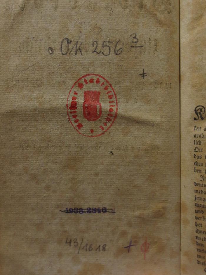 Ok 256 3: Orientalische Bibliothek oder Universalwörterbuch, welches alles enthält, was zur Kenntnis des Orients nothwendig ist (1789);-, Stempel: Nummer; '1933.2340'