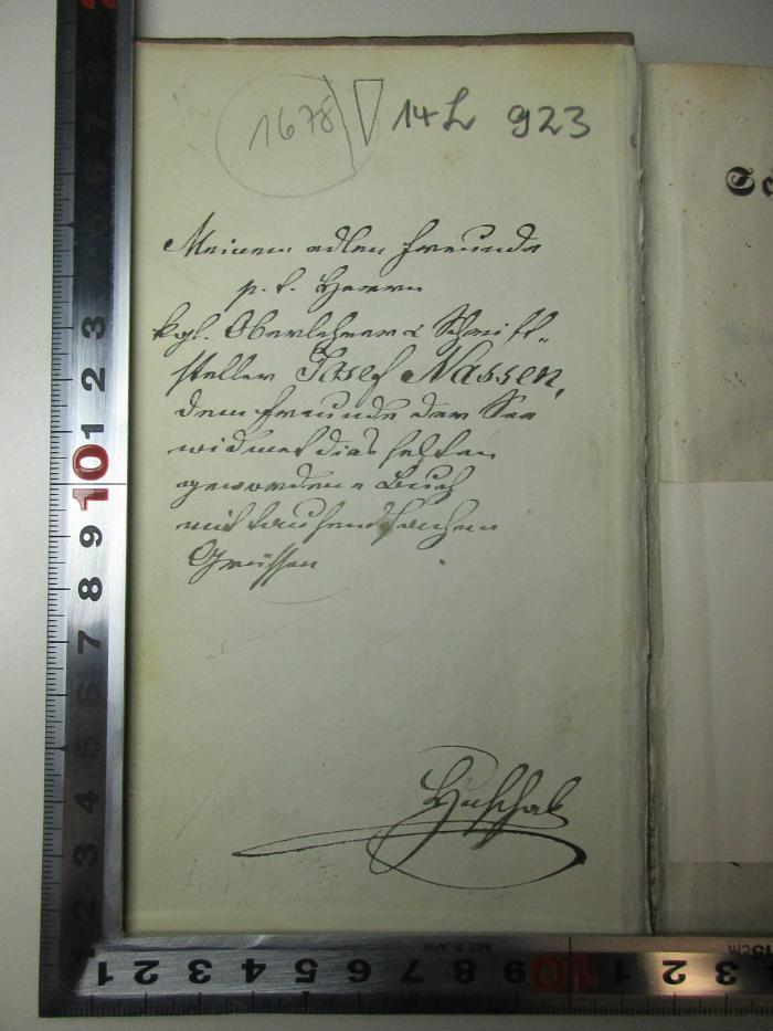 -, Von Hand: Name, Autogramm, Widmung; '[?]
Josef Massen,
[?]
Grüssen
[?]';14 L 923 : Schiffer-Sagen (1837)