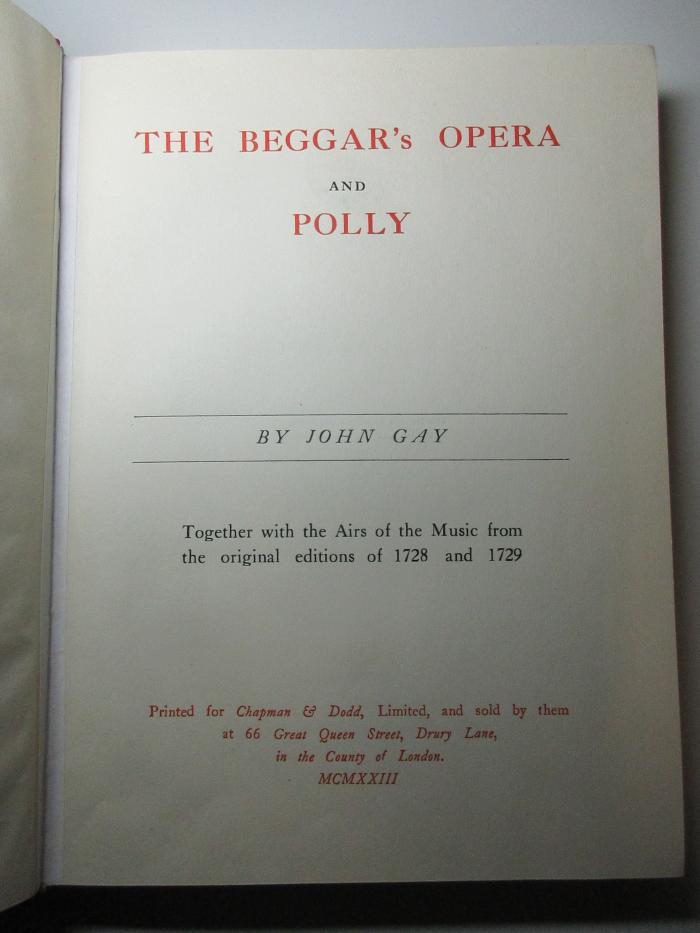 14 M 358&lt;2*&gt; : The beggar's opera and Polly : together with the airs of the music from the original edition of 1728 and 1729 (1923)