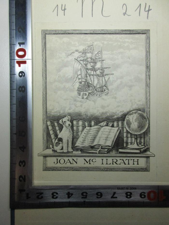 14 M 214 : The old lady shows her medals (1924);- (Mc Ilrath, Joan), Etikett: Exlibris, Name, Abbildung; 'Joan Mc Ilrath'. 