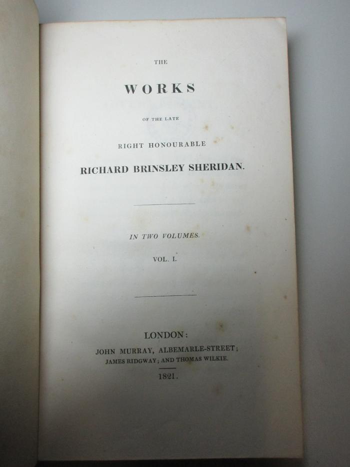 14 M 108-1 : The works of the late right honourable Richard Brinsley Sheridan : in two volumes (1821)