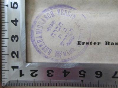 14 P 119-1 : Zur Geschichte und Literatur (1845);- (Beth Hamidrasch Verein Mähr.-Ostrau), Stempel: Name, Ortsangabe, Abbildung; 'deutsch
Bethhamidrasch-Verein 
Mähr.-Ostrau

hebräisch: hevrah bet-midrash'. 
