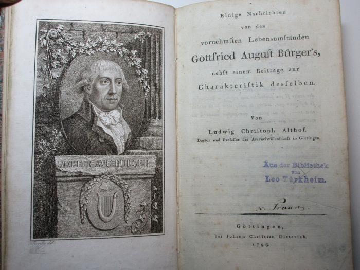 14 L 900 : Einige Nachrichten von den vornehmsten Lebensumständen Gottfried August Bürger's : nebst einem Beytrage zur Charakteristik desselben (1798)
