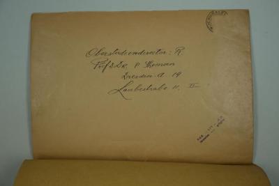 - (Thomsen, Peter), Von Hand: Ortsangabe, Name, Berufsangabe/Titel/Branche; 'Oberstudiendirector: R. Prof. D. Dr: P. Thomsen
Dresden-a 19
Laubestraße II. II'. 