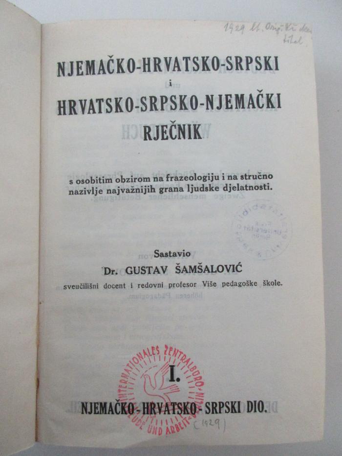 14 Q 48&lt;a&gt;-1 : Njemačko-hrvatsko-srpski dio (1929)