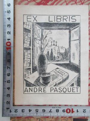 14 N 279 : J.-K. Huysmans (1931);- (Pasquet, André), Etikett: Exlibris, Motto, Name, Abbildung; 'Ex libris
Fides 
quoerens
intellectum
André Pasquet'. 