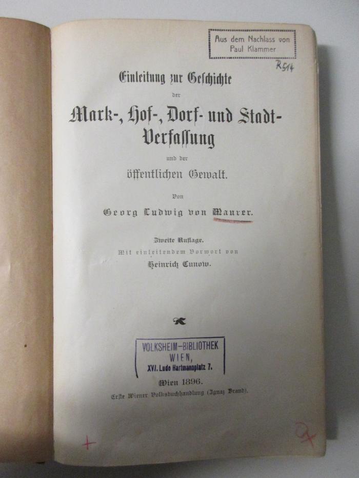 15 C 368&lt;2&gt; : Einleitung zur Geschichte der Mark-, Hof-, Dorf- und Stadtverfassung und der öffentlichen Gewalt (1896)