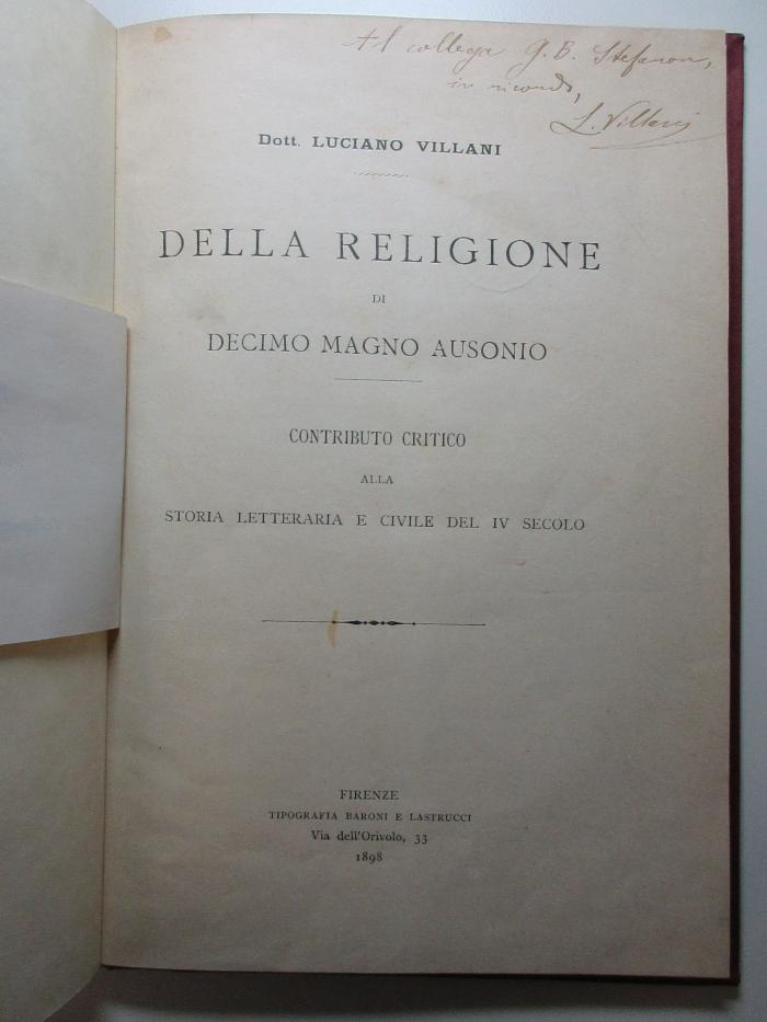 15 B 63 : Della religione di Decimo Magno Ausonio : contributo critico alla storia letteraria e civile del 4 secolo (1898)