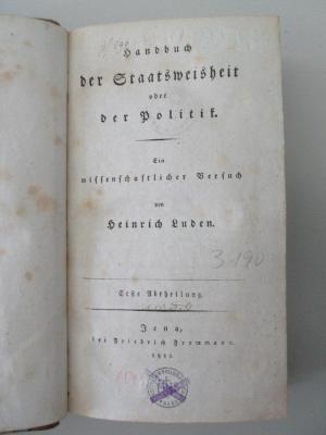 18 C 426-1 : Handbuch der Staatsweisheit oder der Politik : ein wissenschaftlicher Versuch (1811)