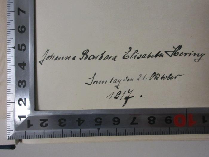 15 D 891&lt;*&gt; : Geistliche Gedanken eines National-Oekonomen (1917);- (Hering, Johanna Barbara Elisabeth), Von Hand: Name, Datum; 'Johanna Barbara Elisabeth Hering[?]
Sonntag den 21. Oktober 
1917.'. 