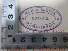 - (Broers, H. A.), Stempel: Name, Berufsangabe/Titel/Branche, Ortsangabe; 'Mr. H. A. Broers.
Notaris.
'S-Gravenhage.'.  (Prototyp)