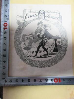 - (Possart, Ernst v.), Etikett: Exlibris, Abbildung; 'Aus dem Bücherschatz von
Ernst v. Possart
Dem grossen
Künstler
gewidmet von
Math.Ade'. ;15 G 145 : Le roi Voltaire : Sa jeunesse, sa cour, ses ministres, son peuple, ses conquètes, sa mort, son dieu, sa dynastie (1858)
