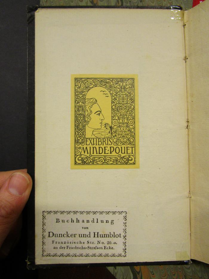 L 220 Gel50a: Geistliche Oden und Lieder (1823);49 / 9798 (Duncker und Humblot), Etikett: Buchhändler; 'Buchhandlung 
von
Duncker und Humblot
Französische Str. No. 20. a.
an der Friedrichs-Straßen Ecke.'. 
