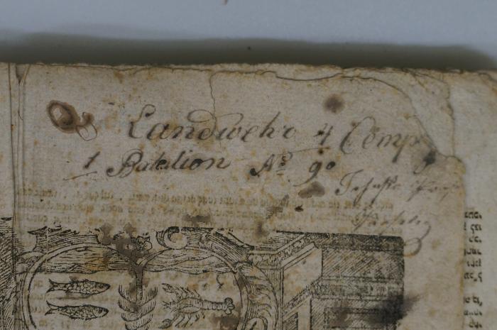Asch7122 : ספר חידושי הלכות (1778);- ([T...ß], Joseph), Von Hand: Name, Notiz, Nummer; '38 Landwehr 4 Compa[gny]
1 Batalion No 9° Joseph [T...ß]
                      [...]'. 
