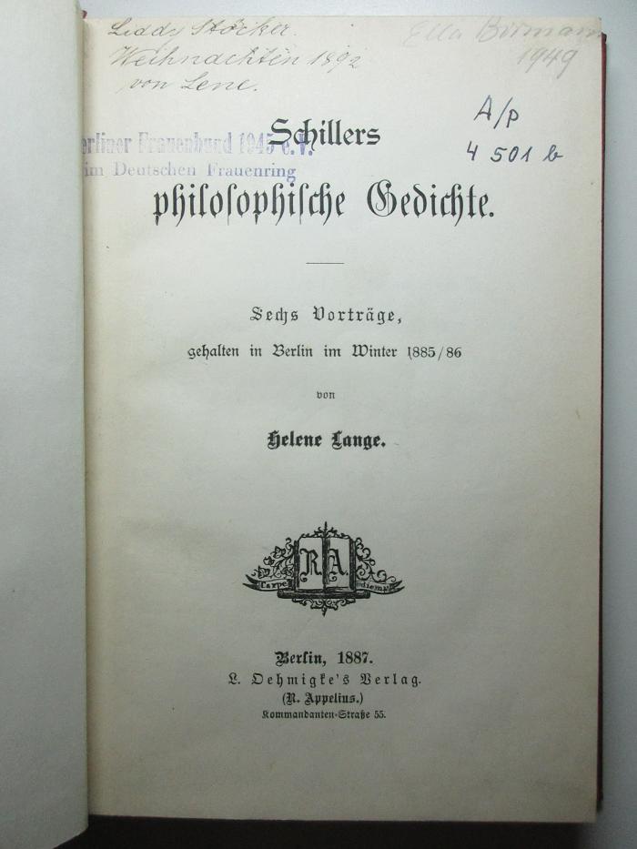 18 L 216 : Schillers philosophische Gedichte : sechs Vorträge gehalten in Berlin im Winter 1885/86 (1887)