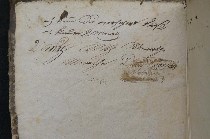 Asch7122 : ספר חידושי הלכות (1778);- (Bondy, David), Von Hand: Name, Widmung; 'in Brün Sie unverseh[...] daß
ich K[reise?] 2 M[ouny?]
2 [Mthe] [... Mourthe?] 
David Bondy
[Sohn]
'. 