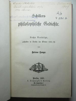 18 L 216 : Schillers philosophische Gedichte : sechs Vorträge gehalten in Berlin im Winter 1885/86 (1887)