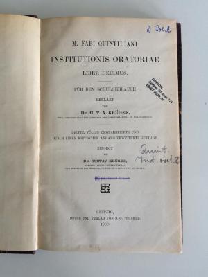  M. Fabi Quintiliani. Institutionis Oratoriae. Liber Decimus. (1888)