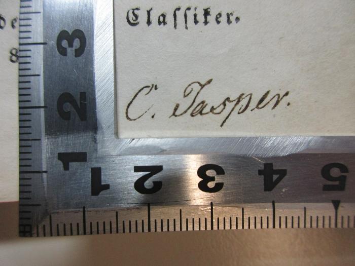 - (Jasper, C.), Von Hand: Autogramm; 'C. Jasper.'. ;1 L 241-1 : Dramatische Beiträge (1823)