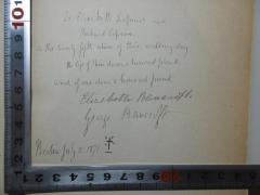 - (Lepsius, Richard;Lepsius, Elisabeth), Von Hand: Name, Autogramm, Ortsangabe, Datum, Widmung; 'To Elisabeth Lepsius and
Richard Lepsius,
on this twenty fifth return of their wedding day
the life of their dear & honored friend,
and dear honored friend
Elisabeth Brancroft
George Brancroft
Berlin July 5. 1871.'. 