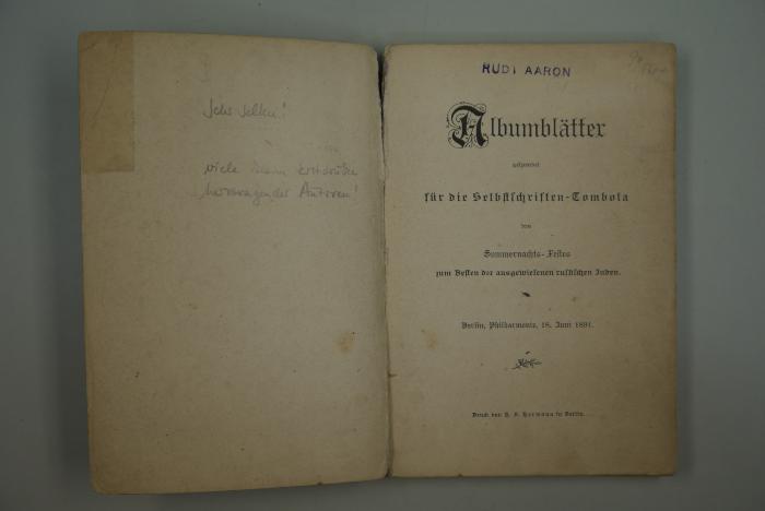  Album Blätter für die Selbstschriften-Tombola des Sommernachts-Festes zum Besten der ausgewiesenen russischen Juden. (1891)