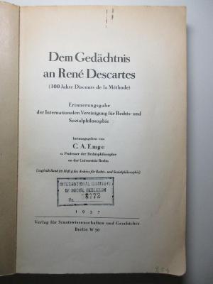 10 C 223 : Dem Gedächtnis an René Descartes (300 Jahre "Discours de la méthode") : Erinnerungsgabe der Internationalen Vereinigung für Rechts- und Sozialphilosophie (1937)