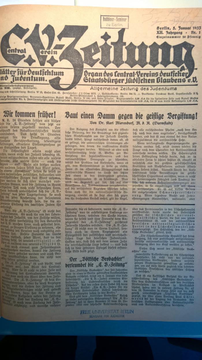 AZ 99927.1 / Folio M  : Central Verein-Zeitung: Blätter für Deutschtum u. Judentum
Organ des Central-Vereins Deutscher Staatsbürger jüdischen Glaubens e. V.  (1933, 1935, 1936, 1937)
