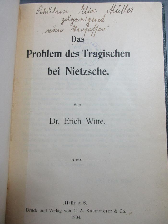 4 G 337 : Das Problem des Tragischen bei Nietzsche (1904)